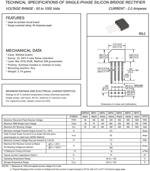 диодный мост RS207 (KBP10), 2A, 700V, 18*6.5*13mm, DC Components