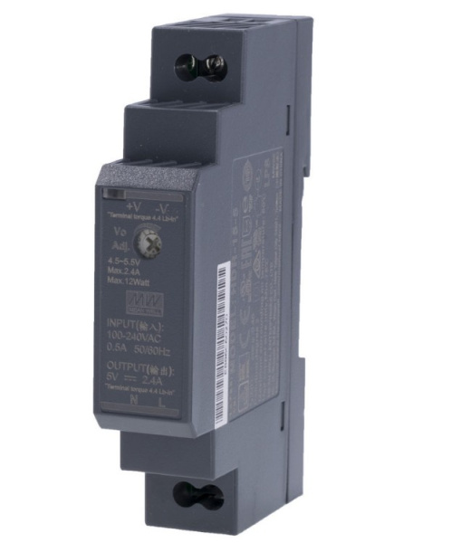 Блок питания на DIN рейку  5в,  2.4а, 17.5*90*54.5мм, Mean Well HDR-15-5