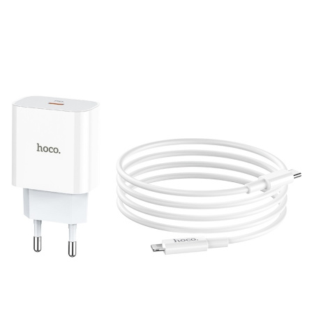 Зарядное_устройство - USB Type C 20W PD+QC 3.0 (5V-3.0A/9V-2.0A/12V-1.67A) HOCO C76A Plus, + кабель Type C to Lightning, белый