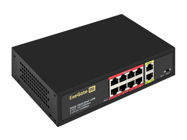 Коммутатор ExeGate EDGS-1082D.8PoE-120W 10-port 10\100\1000_Mbps 8 портов UTP 10/100 Base-Tx с поддержкой IEEE 802.3af (PoE), мощность PoE: 15,4W, сум