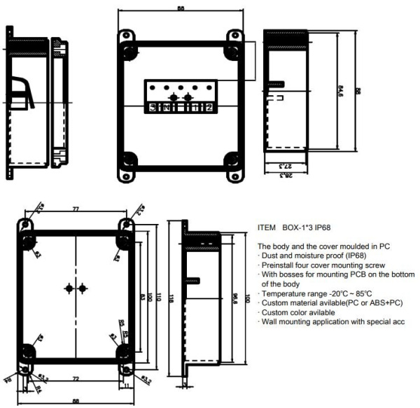 Коробка распределительная ОУ, 118*88*38, IP68, Ruichi BOX-1*3