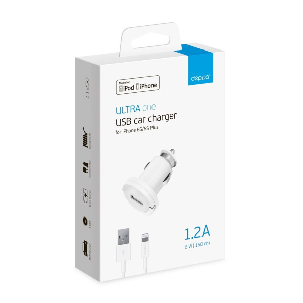 Автомобильное_З\У - USB_1A Deppa Ultra черное + кабель 8-pin для Apple (MFI) (11251)