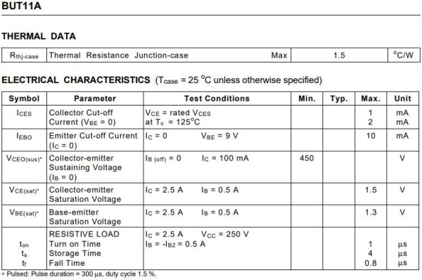 транзистор BJT BUT11A 450V 5A NPN TO220 100W