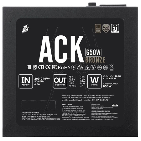 Блок питания 650Вт 1STPLAYER ACK BRONZE 650W Black (ATX 3.1,APFC,140мм,2PCI-E,4SATA,80+Bronze)[HA-650AA2]