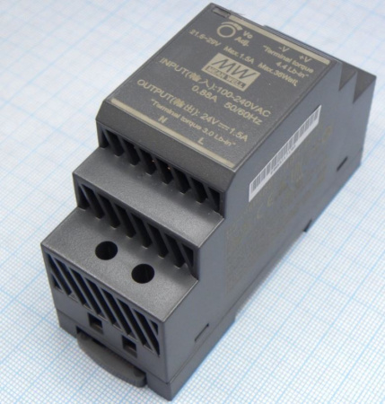 Блок питания на DIN рейку 24в,  1.5а, 35*90*54мм, Mean Well HDR-30-24