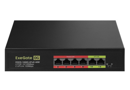 Коммутатор ExeGate EDES-1006D.4PoE-48W 6-port 10\100_Mbps 4 порта 802.3af (PoE) мощность PoE: 25W, суммарно 48W