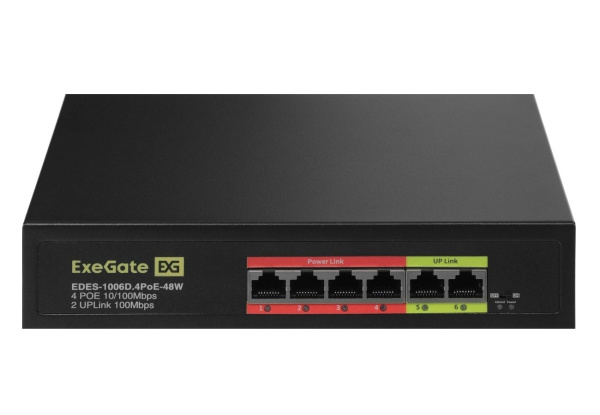 Коммутатор ExeGate EDES-1006D.4PoE-48W 6-port 10\100_Mbps 4 порта 802.3af (PoE) мощность PoE: 25W, суммарно 48W