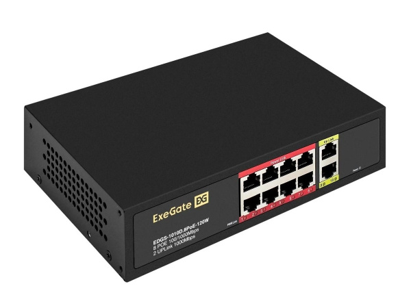 Коммутатор ExeGate EDGS-1010D.8PoE-120W 10-port 10\100\1000_Mbps 8 портов IEEE 802.3af (PoE), мощность PoE: 15,4W, суммарно 120W