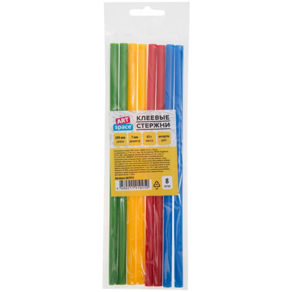 Клеевой стержень ArtSpace, диаметр 7 мм, длина 200мм, цветные, 8 штук (267915)