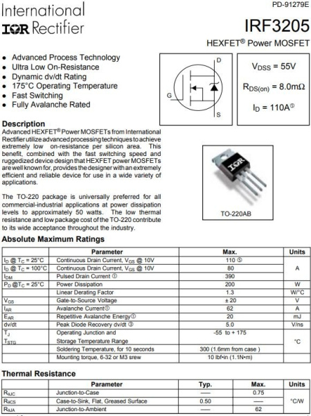 транзистор FET IRF3205 STM 55V 110A N-Ch 8mohm TO220