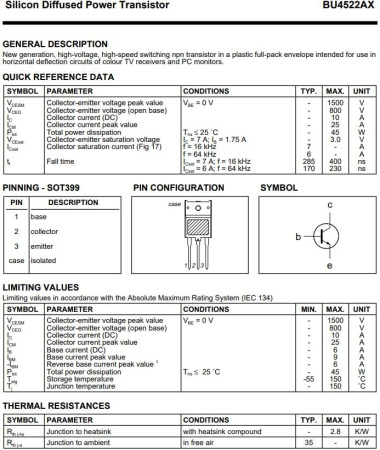 транзистор BJT BU4522AX 800V 10А NPN SOT399 45W