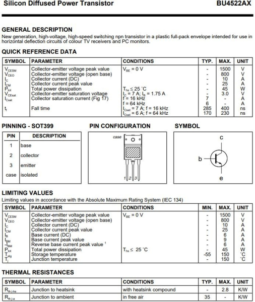 транзистор BJT BU4522AX 800V 10А NPN SOT399 45W