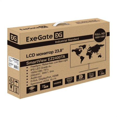 Монитор 23.8" ExeGate SmartView EZ2400TA (IPS LED Grade A+, FHD, 1920x1080@75Гц, 16:9, 250cd/m2, 1000:1, 178°/178°, 5ms, D-Sub, HDMI, DisplayPort, Aud