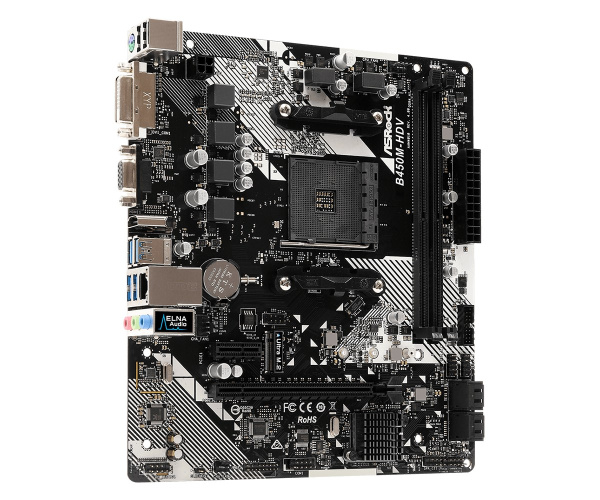 Мат.плата SocAM4 AMD B450 ASRock B450M-HDV R4.0 (mATX,2DDR4,M.2,4SATA3,6USB3.1,SVGA,DVI,HDMI,PC3200)