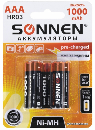 Элемент аккумуляторный AAA SONNEN 1000mAh Ni-Mh 1шт 
