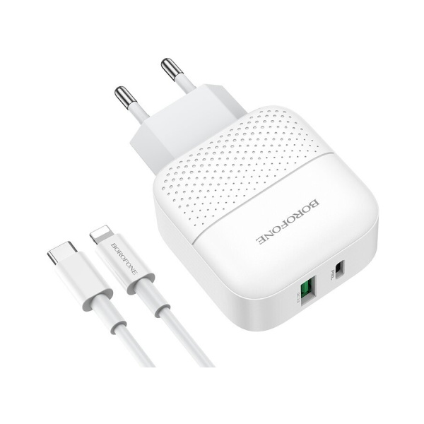 Зарядное_устройство - TypeC 18W PD+1 USB Quick Charge 3.0 (5V-3.0A/9V-2A/12V-1.5A) + кабель Type-C to Lightning BOROFONE BA46A белый