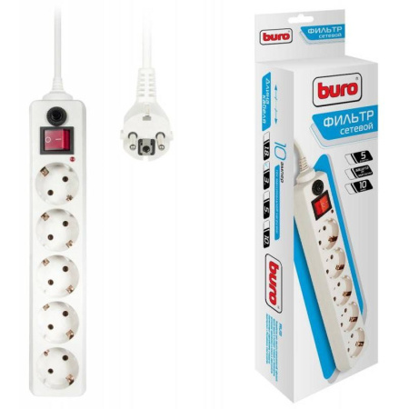 Сетевой фильтр  3.0м, 5 розеток Buro, 500SH-3-W, 10А, 2200Вт, с выключателем, белый, коробка