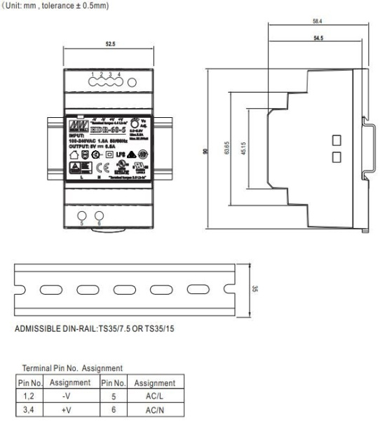 Блок питания на DIN рейку 24в,  2.5а, 52.5*90*54.5мм, Mean Well HDR-60-24