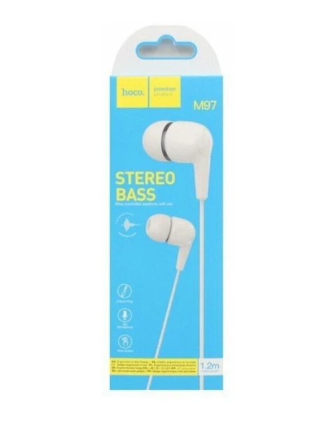 Гарнитура проводная HOCO M97 вставные, кнопка ответа, 16 Ом, 95 дБ, кабель 1.2м, белый