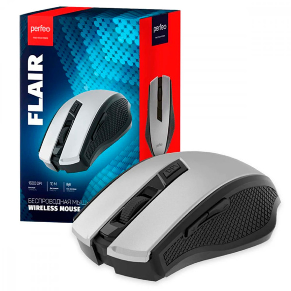 Мышь беспроводная Perfeo FLAIR (C3590) оптическая, 6кн., 800-1600dpi, USB серебро
