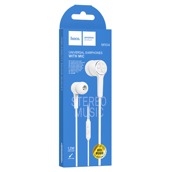 Гарнитура проводная HOCO M104 вставные, кнопка ответа, кабель 1.2м, белый