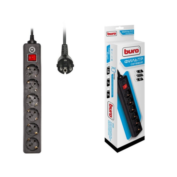 Сетевой фильтр  1.8м, 6 розеток Buro, 600SH-1.8-B, 10А, 2200Вт, с выключателем, черный, коробка