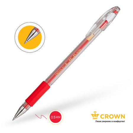Ручка гелевая CROWN "Hi-Jell Grip" 0,5мм., красная (HJR-500RB)