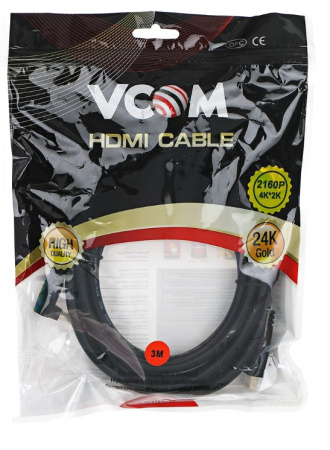 Кабель HDMI(m) - HDMI(m)  3.0м VCOM, v2.0, позол. контакт, угловой, черный (CG523-3M)