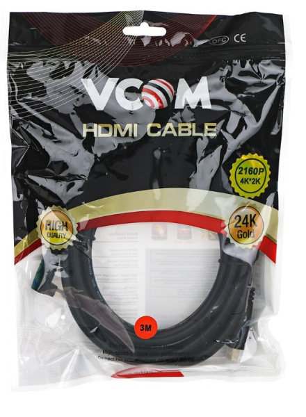 Кабель HDMI(m) - HDMI(m)  3.0м VCOM, v2.0, позол. контакт, угловой, черный (CG523-3M)