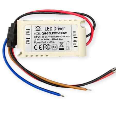 Драйвер светодиодный (LED)  900мА,  6..21в, 20вт, IP20, 65*35*23мм, QH-20LPO2-6X3W