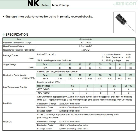 Конденсатор электролитический неполярный  33мкф,  16в, Jamicon, NK, 85C, 5*11