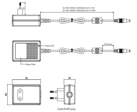 Блок питания сетевой, 15в, 1.2а, 18вт, 5.5*2.1мм (+), сетевая вилка, Mean Well GST18E15-P1J
