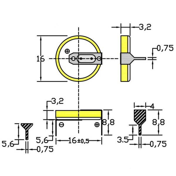 Батарейка CR1632/1HF, 2 вывода, гориз. 1шт. /3В. литиевая