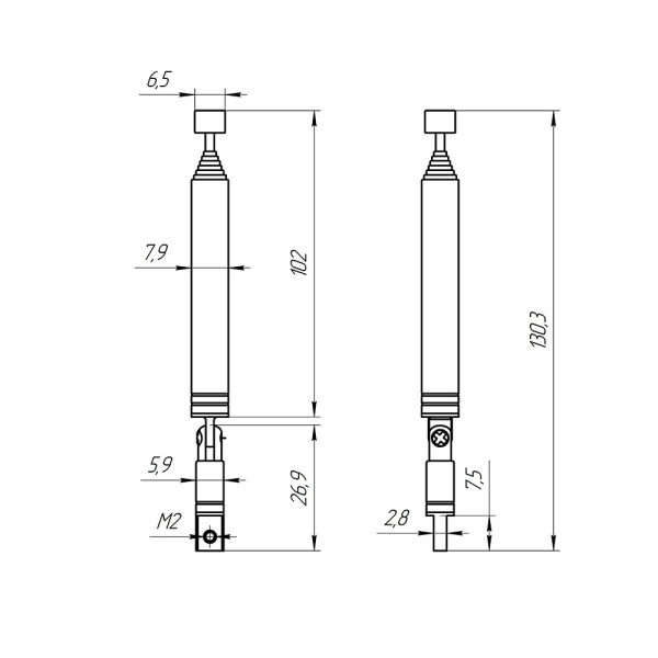 Антенна телескопическая  d6.5мм, 130..550мм, поворотный фланец с резьбой М2, AST-20/S8