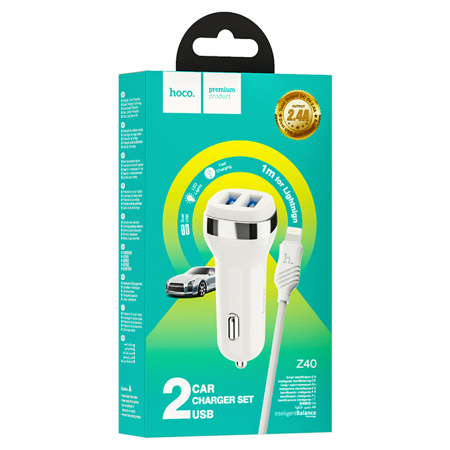 Автомобильное_З\У - USBx2 2.4A HOCO Z40 +кабель Lighting, белый