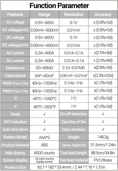 Токовые клещи Aneng ST212, AC/DC 400A, 2*AAA