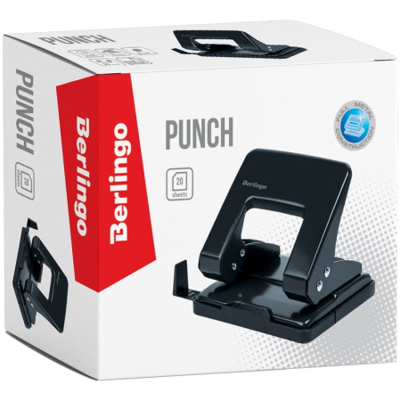 Дырокол BERLINGO на 20л. металл., черный с линейкой (DDm_20041)