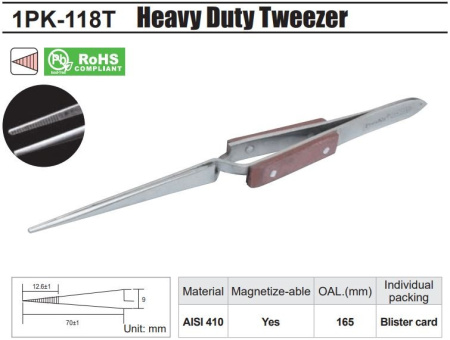 Пинцет 165мм, ProsKit 1PK-118T, прямой, тупые рифлённые концы, обратный ход