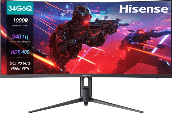 Монитор Hisense/ 34"/3440x1440, изогнутый, VA/ELED, 21:9, матовое/антибликовое, 240Гц, время отклика 1мс, 320кд/м2, 3000:1, углы обзора 89 °(H)/89°(V), встроенные колонки 2*3Вт, HDR 400, DisplayPort,  HDMIх2, разъем для наушников 3.5мм, rotatable lifting