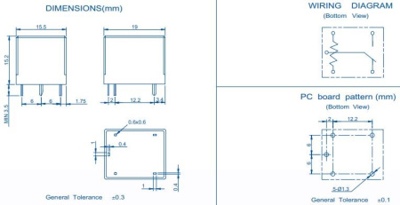 Реле электромагнитное DC 12в, 10а, SPDT, 19*15.5*15.2мм, Bestar BS-115C-12A-12VDC
