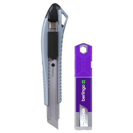 Нож 18мм. BERLINGO "Razzor 200", серый +10 лезвий, auto-lock (BM4130_2d)