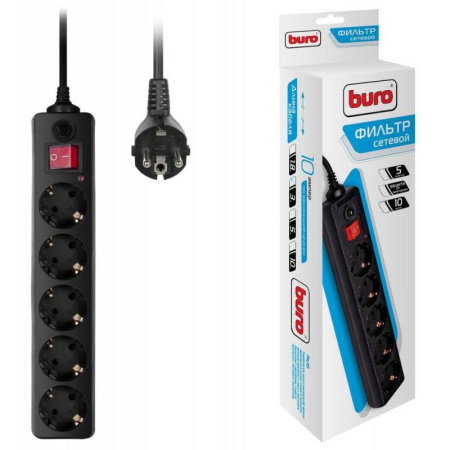 Сетевой фильтр  3.0м, 5 розеток Buro, 500SH-3-B, 10А, 2200Вт, с выключателем, черный, коробка