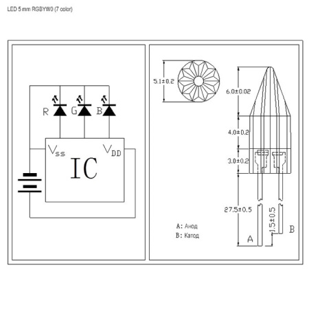 Светодиод круглый  5мм, 7 цветов переход,  3.2в, 200мкд, 50°, LED 5 mm RGBYW0(7 color )