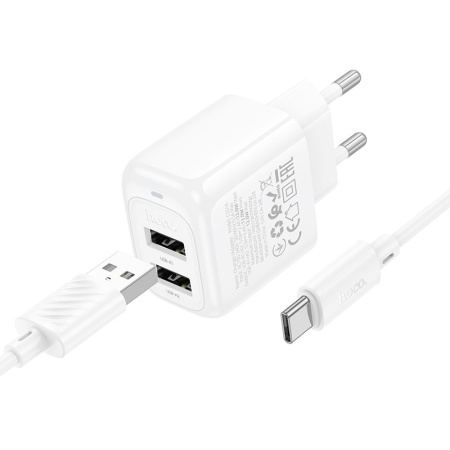Зарядное_устройство - USB_2x2.4A + кабель TypeC HOCO CS51A, белый