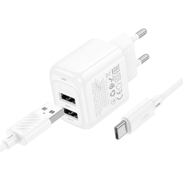 Зарядное_устройство - USB_2x2.4A + кабель TypeC HOCO CS51A, белый