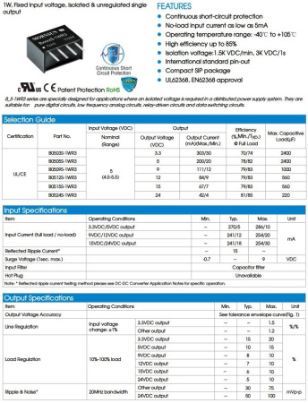 Преобразователь DC/DC на плату out  5V 0.2A, in 4.5..5.5V, Isolated, SIP, B0505S-1WR3