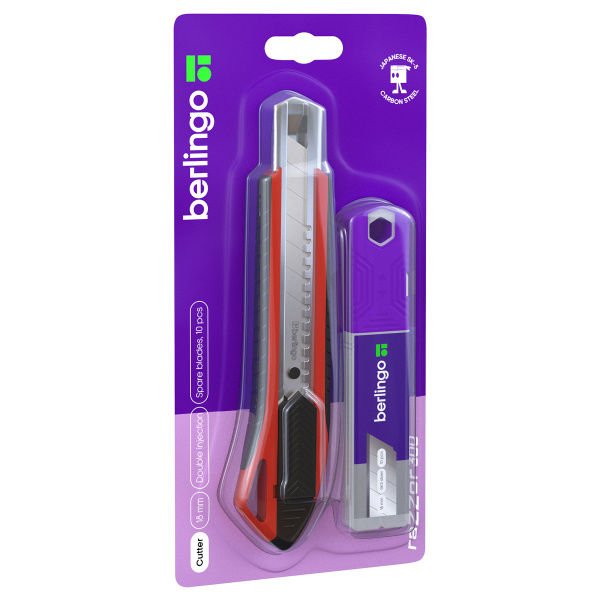 Нож 18мм. BERLINGO "Razzor 300", красный + 10 сменных лезвий (BM4132_2a)