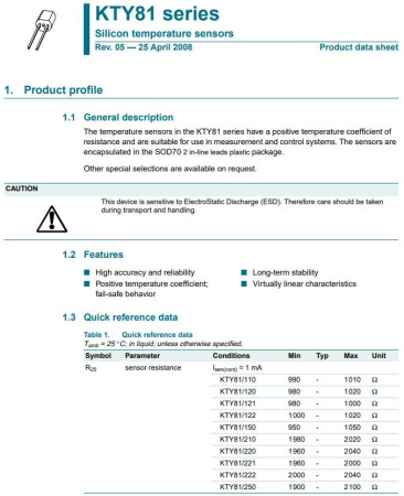 Датчик температуры, KTY81/110,112 NXP, -55..+150C, Rпри25C=1кОм±1%, SOD70