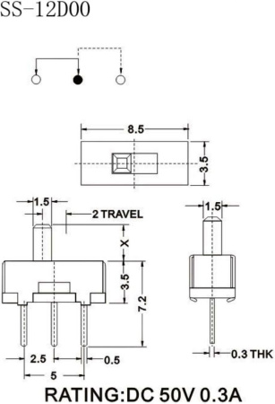 Переключатель движковый SS-12D00G4, SPDT, на плату шаг 2.5мм (DC 50V 0.3A)