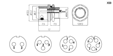 Разъем XS9-4(Zn), штекер, на корпус